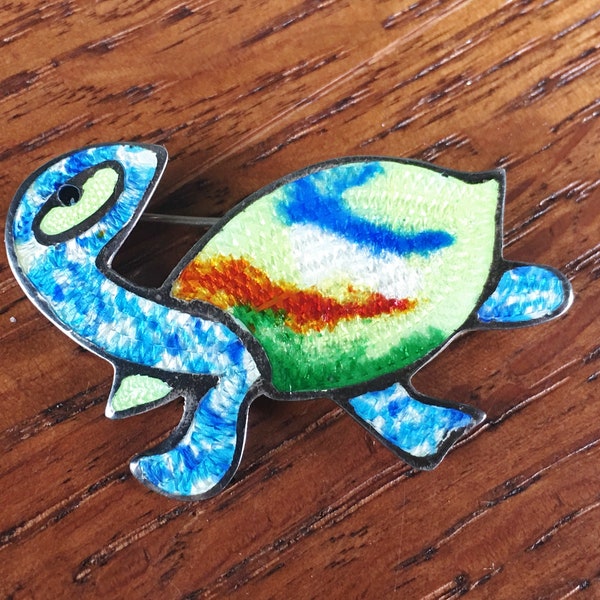 JERONIMO FUENTES Vintage Sterling Enamel Turtle Pin Brooch Blue Yellow Green Made in Mexico 5.8 grams