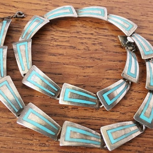 Vintage Sterling Silver Taxco Mexico Necklace Blue Turquoise Enamel 42 grams