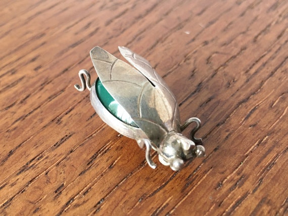 Vintage Sterling Silver Fly Bug pin brooch Green … - image 7
