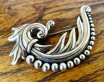 LOS CASTILLO Vintage Sterling Silver Beaded Swirl Feather Leaf Pin Brooch Taxco Made in Mexico 108 23 grams
