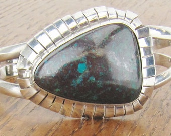 Vintage Sterling Silver Cuff bracelet Chrysocolla jewelry fringe Hecho en Mexico 41 grams