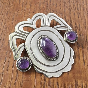 Large Vintage Sterling Silver and Amethyst pin brooch TAXCO 980 Mexico 48 grams