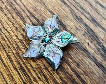 Vintage Sterling Silver As Found Abalone Flower Brooch Pin Hecho en Mexico AM 925 11 grams