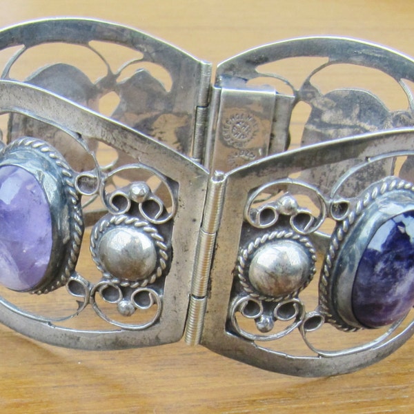 Vintage Mexican Sterling Silver Amethyst Bracelet Hecho en Mexico Far Fan 4 panel Jewelry 925