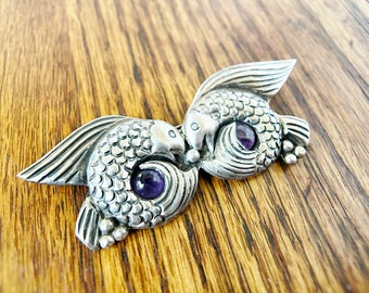 Vintage Sterling Silver Amethyst Flying Fish owl eyes Pin Brooch LS 925 Taxco Mexico 12 grams