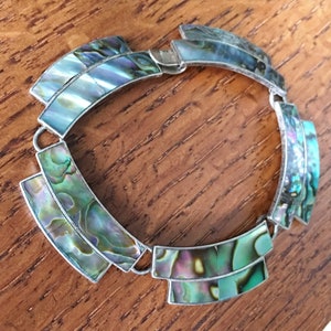 Vintage Mexican Sterling Silver Abalone shell inlay Bracelet Mexico 5 panels jewelry hand made in Mexico 1940s