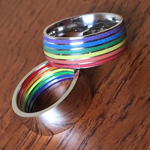 Rainbow Rings Two LGBT Gay Pride stainless steel LGBTQ inner and outer rainbows 2 ring set