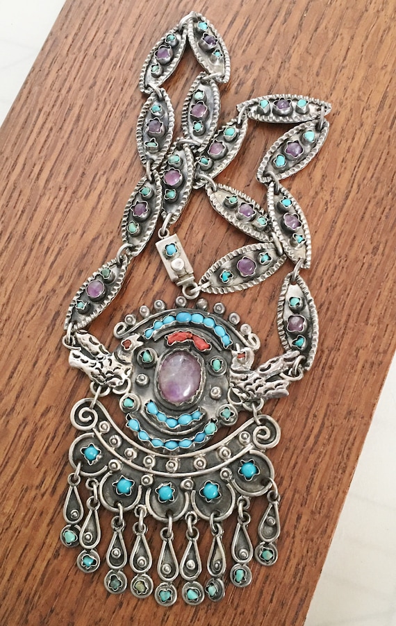 Vintage Sterling Silver Matl Style Necklace Taxco TA-35 Amethyst