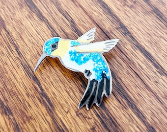 JERONIMO FUENTES Vintage Sterling Silver Enamel Hummingbird Blue Yellow White Brooch Pin made in Mexico JF Eagle mark 5 grams