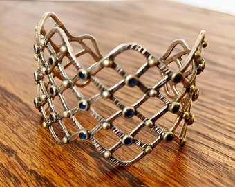 BORA Sterling Silver Blue Stone Lattice Cuff Bracelet 925 Jewelry 34 grams