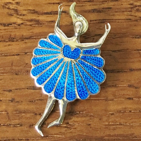 JERONIMO FUENTES Vintage Mexican Sterling Ballerina dancer brooch pin blue and yellow Enamel Mexico silver jewelry