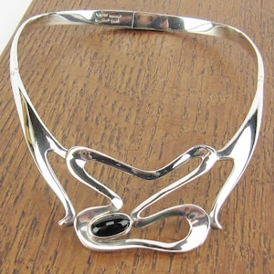 Vintage Sterling Silver Necklace Onyx stone free form Modernist HEAVY jewelry Taxco Mexico 925 Hecho en Mexico 92 grams