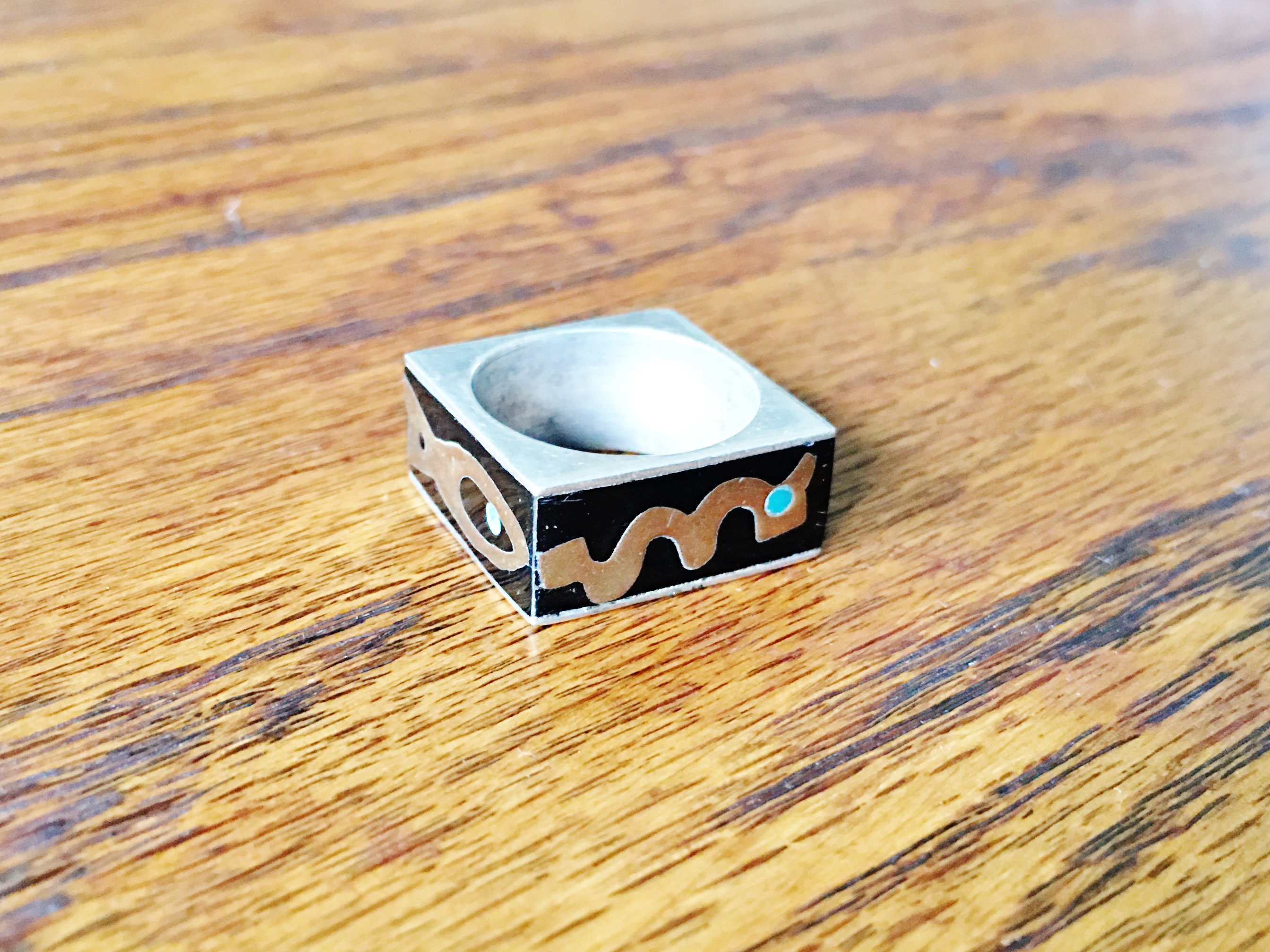 Vintage Sterling Silver Copper Green Stone Black Enamel