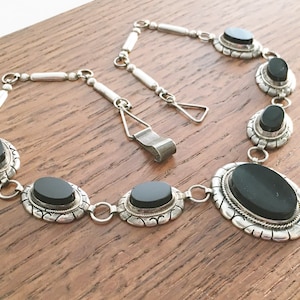 Vintage Sterling Silver Onyx Necklace 1940 925 Hecho en GuadMex Mexico 16.5 inches 26 grams