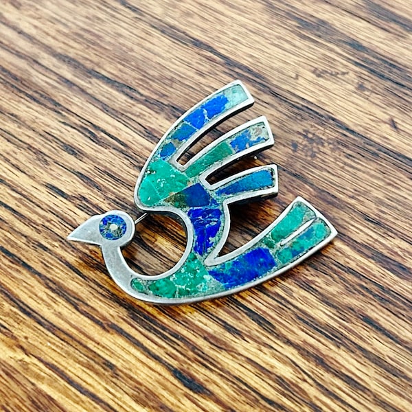 LOS CASTILLO Vintage Sterling Silver Blue Green Stone Stylized Bird Pin Brooch 262 old mark Taxco Hecho en Mexico 14.7 grams