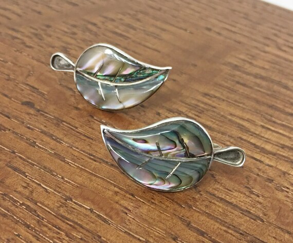 Vintage Sterling Silver and Abalone leaf Earrings… - image 5