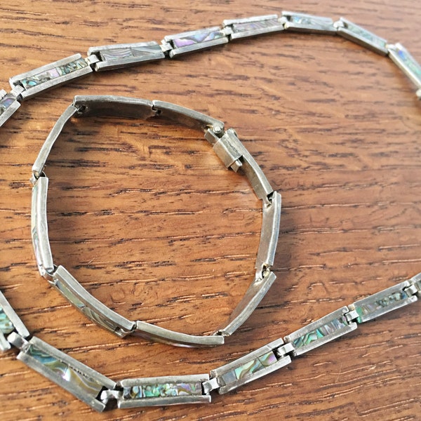 Vintage Sterling Silver Abalone inlay Bracelet and Necklace set 925 Hecho en Mexico eagle mark 47 grams