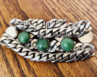 Vintage Sterling Silver Green Calcite Stone Cuban double Chain Bulky Chunky Bracelet unusual clasp old mark 85 grams