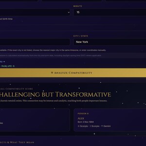 May include: A dark purple digital interface for astrological compatibility analysis. It features input fields for birth time, location, and coordinates, a gold Analyze Compatibility button, and a 20% score labelled Challenging But Transformative.