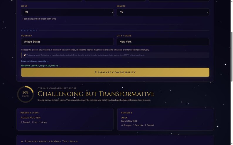 May include: A dark purple digital interface for astrological compatibility analysis. It features input fields for birth time, location, and coordinates, a gold Analyze Compatibility button, and a 20% score labelled Challenging But Transformative.