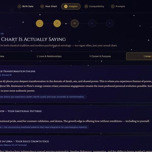 May include: A dark-themed digital interface titled Celestia displaying astrological insights. The screen features sections for birth data, charts, and inner growth, with text detailing Pluto in Scorpio, Moon Shadow in Leo, and North Node in Libra.