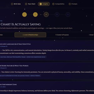 May include: A dark-themed digital interface titled Celestia displaying astrological insights. The page features sections for Love and Relationships, including Venus in Gemini, Mars in Taurus, and House 7, with text detailing personality traits.
