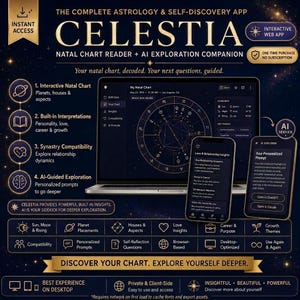 May include: A digital product advertisement for Celestia, an astrology and self-discovery app. The graphic displays a laptop and two smartphones showing natal charts and AI-guided insights against a dark, starry background with gold text.