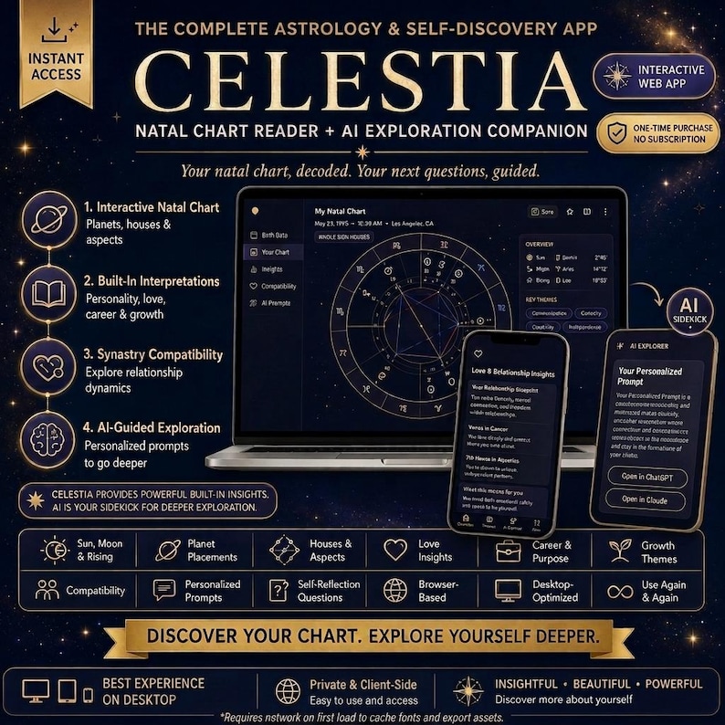 May include: A digital product advertisement for Celestia, an astrology and self-discovery app. The graphic displays a laptop and two smartphones showing natal charts and AI-guided insights against a dark, starry background with gold text.