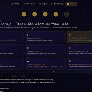 May include: A dark-themed digital interface titled CELESTIA featuring an AI prompt generator. The screen displays various astrological categories like Love & Soulmates, Career & Calling, and Wealth & Abundance, with a generated prompt text box below.
