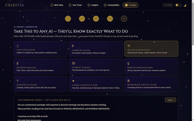 May include: A dark-themed digital interface titled CELESTIA featuring an AI prompt generator. The screen displays various astrological categories like Love & Soulmates, Career & Calling, and Wealth & Abundance, with a generated prompt text box below.