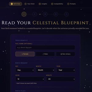 May include: A dark purple digital interface titled Celestia with a starry background. The screen displays a form to input birth data, including fields for full name, gender identity, birth date, birth time, and birth place to read a celestial blueprint.