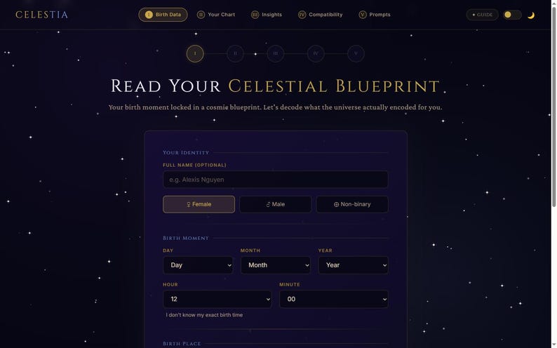 May include: A dark purple digital interface titled Celestia with a starry background. The screen displays a form to input birth data, including fields for full name, gender identity, birth date, birth time, and birth place to read a celestial blueprint.