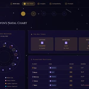 May include: A digital interface titled Celestia displaying Alexis Nguyen's natal chart for 24 May 1996. The dark purple screen features a circular zodiac wheel, a section for the Big Three signs, and a table detailing planetary positions.