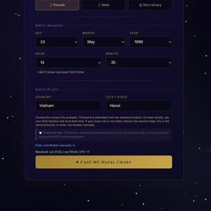 May include: A digital web form on a dark background with star patterns, featuring input fields for gender, birth date, birth time, and birth place. The form includes a button labelled CAST MY NATAL CHART and displays resolved coordinates for Hanoi, Vietnam.