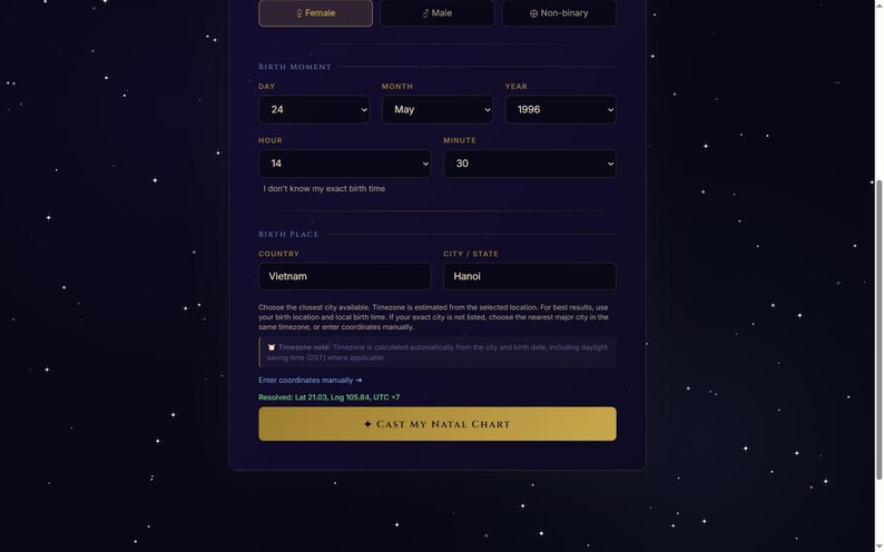 May include: A digital web form on a dark background with star patterns, featuring input fields for gender, birth date, birth time, and birth place. The form includes a button labelled CAST MY NATAL CHART and displays resolved coordinates for Hanoi, Vietnam.