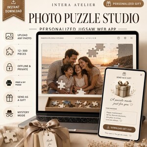 Könnte beinhalten: Eine digitale Benutzeroberfläche für eine Fotopuzzle-Webanwendung auf einem Laptop- und Smartphone-Bildschirm. Die Anzeigen zeigen ein Familienfoto als Puzzle, Geschenkoptionen und den Text Photo Puzzle Studio und Intera Atelier.