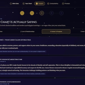 May include: A dark-themed digital interface titled Celestia displaying astrological insights. The screen features sections for Midheaven, Saturn, and Jupiter, with text detailing career calling, life lessons, and expansion in a clean layout.