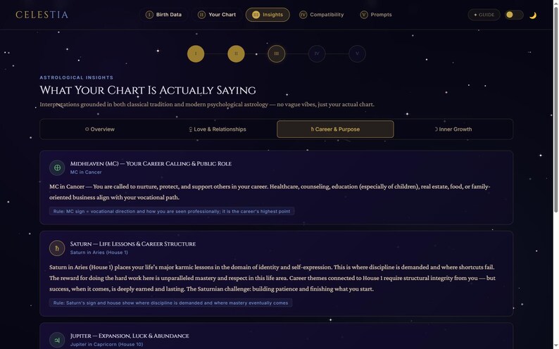 May include: A dark-themed digital interface titled Celestia displaying astrological insights. The screen features sections for Midheaven, Saturn, and Jupiter, with text detailing career calling, life lessons, and expansion in a clean layout.
