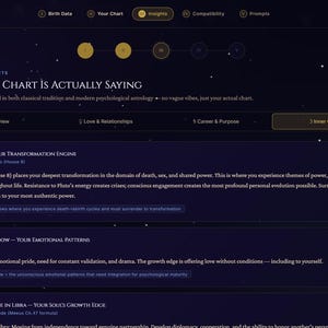 May include: A dark-themed digital interface titled Celestia displaying astrological insights. The screen features sections for birth data, charts, and compatibility, with text detailing Pluto in Scorpio, Moon Shadow, and North Node in Libra.