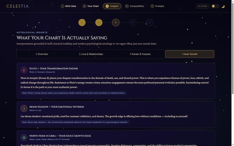 May include: A dark-themed digital interface titled Celestia displaying astrological insights. The screen features sections for birth data, charts, and compatibility, with text detailing Pluto in Scorpio, Moon Shadow, and North Node in Libra.