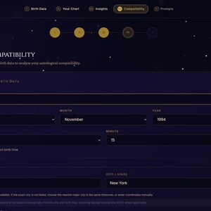 May include: A dark purple digital interface titled Celestia featuring a synastry chart compatibility form. The screen displays input fields for birth data including name, date, time, and location, with the name Alex entered in the name field.