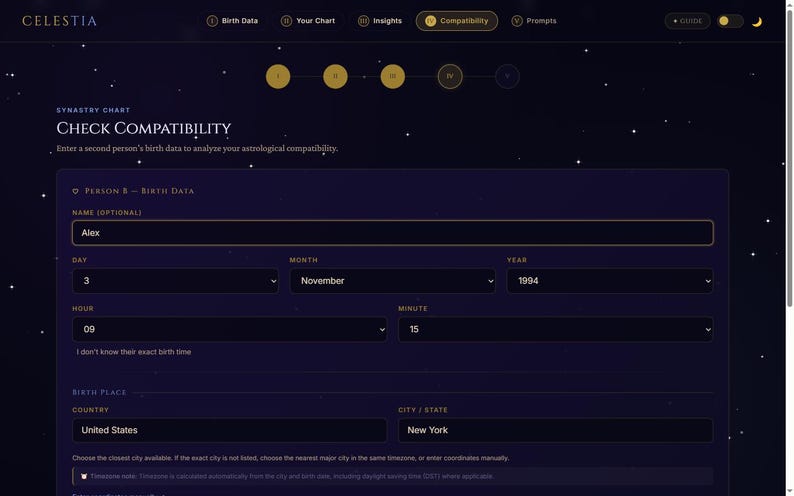 May include: A dark purple digital interface titled Celestia featuring a synastry chart compatibility form. The screen displays input fields for birth data including name, date, time, and location, with the name Alex entered in the name field.
