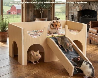 Wooden Guinea Pig Hideout with Stairs, 2-Tier Small Animal House, Rabbit Castle Accessory