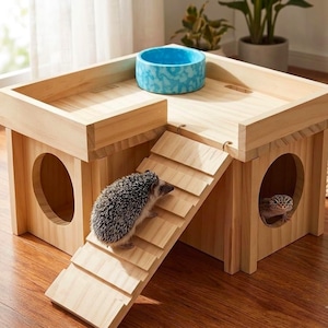 May include: A light-colored wooden pet habitat featuring two connected levels with circular entryways, a sloped ramp with horizontal slats, and a blue patterned ceramic bowl placed on the top platform. A small hedgehog is climbing the ramp.