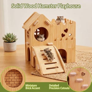 May include: A solid wood hamster playhouse featuring a multi-level structure with a ramp, circular openings, heart-shaped cutouts, and a crenelated roofline. Three small hamsters are positioned on the ramp and within the wooden structure.