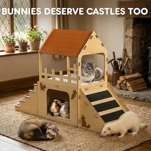 May include: A two-story wooden pet castle with a brown roof, featuring a staircase, a ramp with black grip strips, and cutouts of a bunny and carrot. The text BUNNIES DESERVE CASTLES TOO is visible. A chinchilla sits inside, two guinea pigs occupy the lower level, and a ferret rests nearby.
