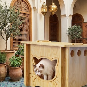 May include: A light-colored wooden cat house featuring a cat-shaped entrance with carved whiskers. The structure has a flat top and circular ventilation holes on the side. A white and brown cat is positioned inside the opening of the wooden enclosure.