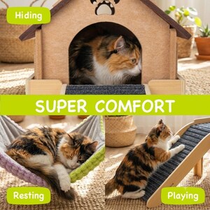 May include: A tan felt cat house with a brown roof and a paw print cutout, a light purple and green fabric hammock for resting, and a wooden ramp with a dark gray textured surface for playing, each featuring a calico cat in various positions.