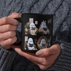 Cozy Reading Ghost Black Mug | Book Lover Coffee Mug | Cute Ghost Bookish Mug | Dark Academia Mug | Halloween Book Mug | Reader Gift