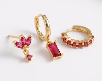 18K Gold Ruby Red Huggie Hoop Earrings Set, Pink Red Pave CZ Circle Hoops, Colorful Stainless Steel Piercing Jewelry, Gift for Her